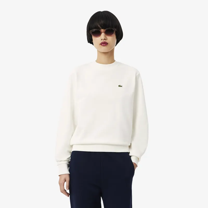 Lacoste Bluza Z Polaru Z Okrągłym Dekoltem Relaxed Fit Kremowa