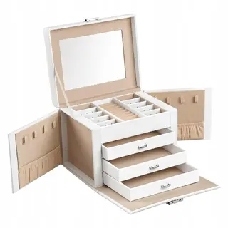 Szkatułka na biżuterię kolczyki 4 POZIOMY kuferek z lusterkiem GLAMOUR biel
