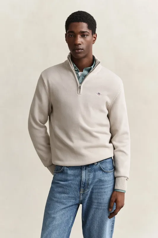 Gant Bawełniany Sweter Męski Half Zip Kremowy