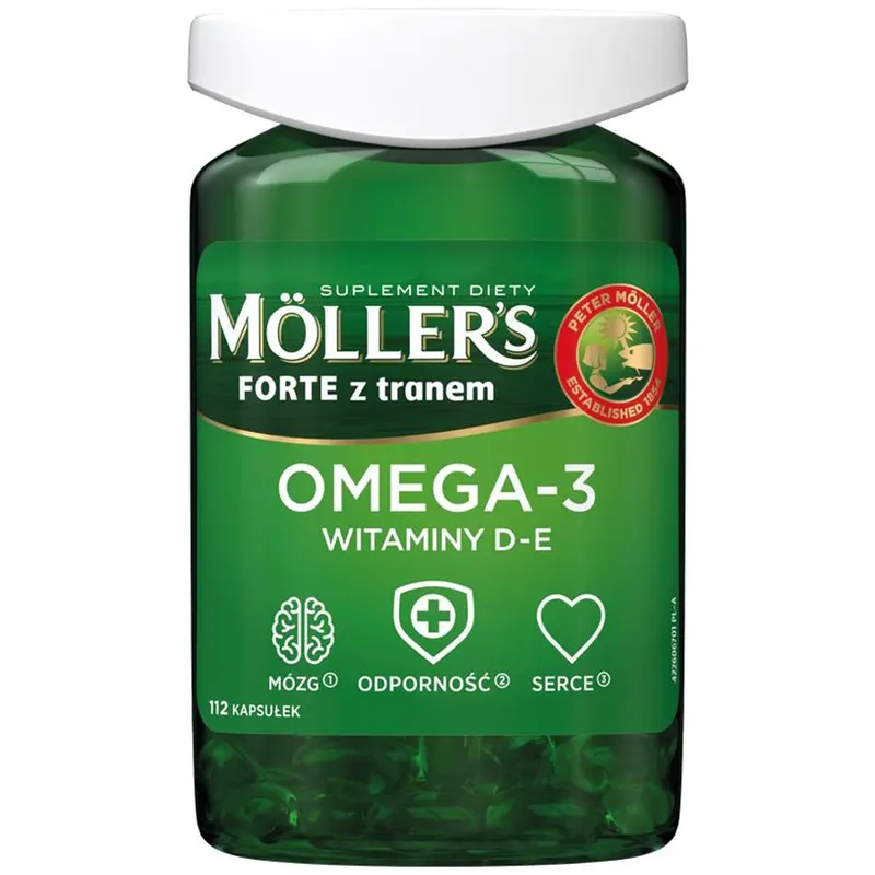 Moller's Forte z Tranem Omega-3 Witaminy D-E Suplement Diety 112 Kapsułek