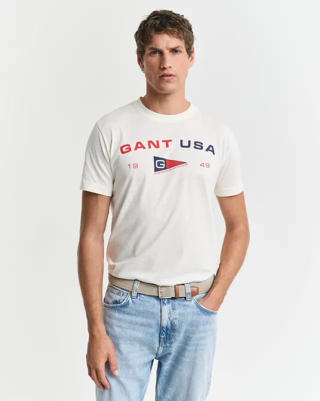 Gant T-Shirt Męski Z Nadrukiem Regular Fit Kremowy