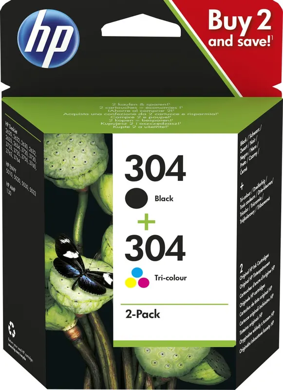 HP 304 2-pak Czarny/Trójkolorowy Tusz 3JB05AE