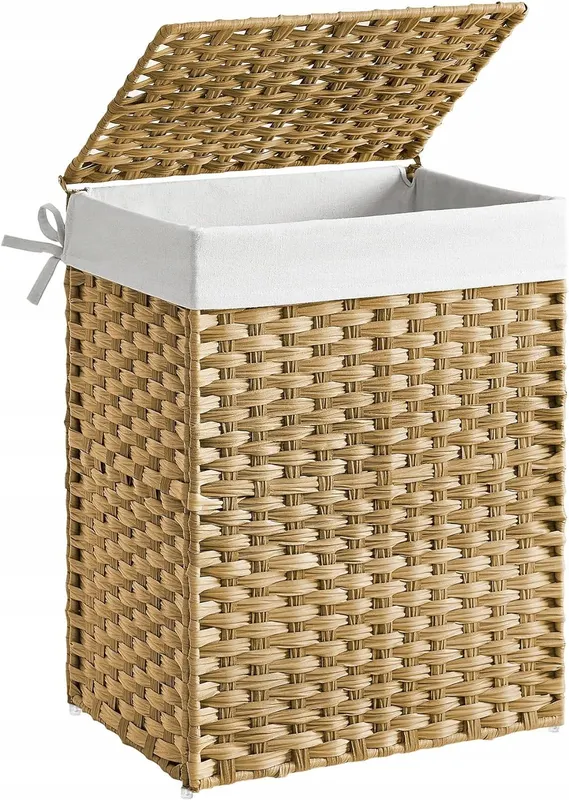 Kosz na pranie pojemnik wolnostojący UCHWYTY POKRYWA NATURALNY RATTAN 90L