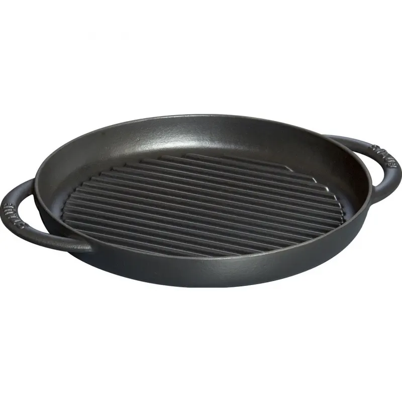 Okrągła patelnia żeliwna grillowa Staub z dwoma uchwytami - 26 cm, Czarny