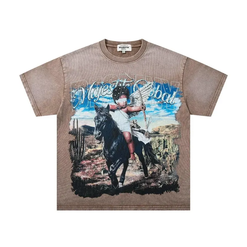 MAJESTIK High Street Angel Direct Spray Print Short-Sleeved T-Shirt Loose Round Neck Beaded Casual Shirt