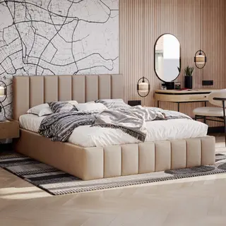Łóżko tapicerowane z pojemnikiem SFG0116 | 160x200 | Welur | Ciemny beżowy | OUTLET