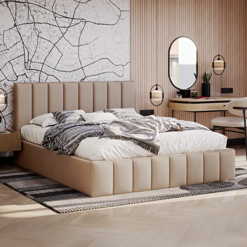 Łóżko tapicerowane z pojemnikiem SFG0116 | 160x200 | Welur | Ciemny beżowy | OUTLET