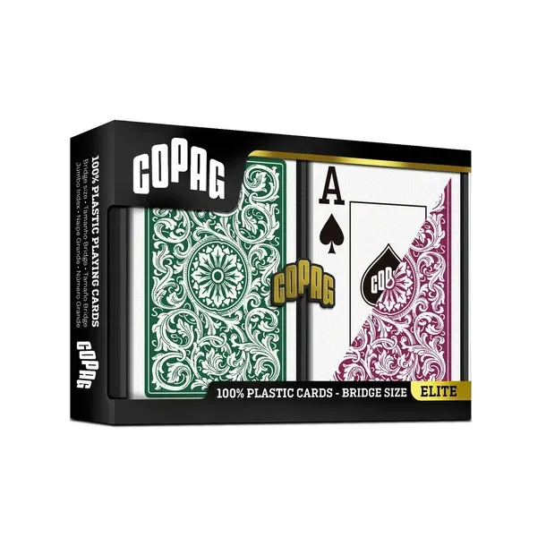 Copag Elite: zestaw plastikowych kart do brydża (burgundowy/zielony) JUMBO