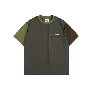 Japanese Retro Color Blocked Raglan Pocket Short Sleeved T-shirt for Men Trendy Round Neck Loose Tees