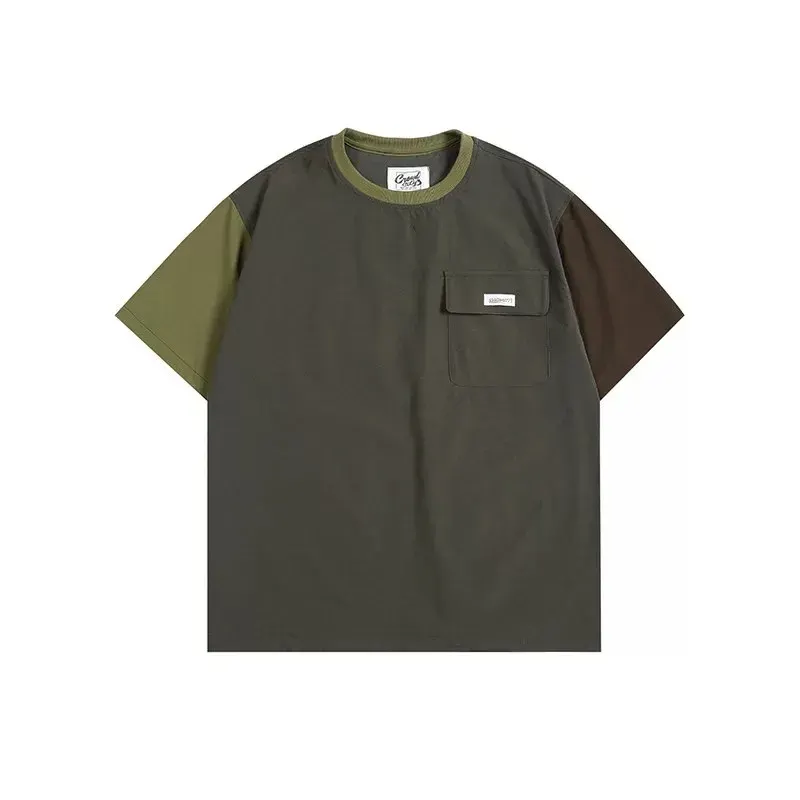 Japanese Retro Color Blocked Raglan Pocket Short Sleeved T-shirt for Men Trendy Round Neck Loose Tees