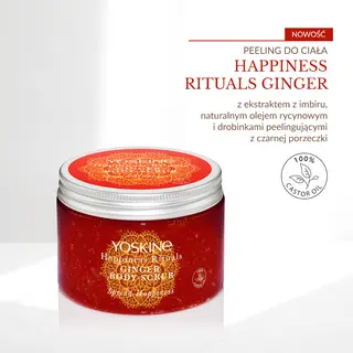Yoskine Happiness Rituals peeling cukrowy do ciała Imbir z olejem sojowym, olejem rycynowym, gliceryną i drobinami czarnej porzeczki 300 g