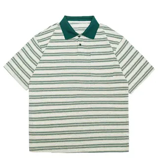 Summer Japanese Retro Amikaji Washed Striped Short Sleeved Polo Shirt for Men and Women Loose Workwear Half Sleeved Sea Soul Tee