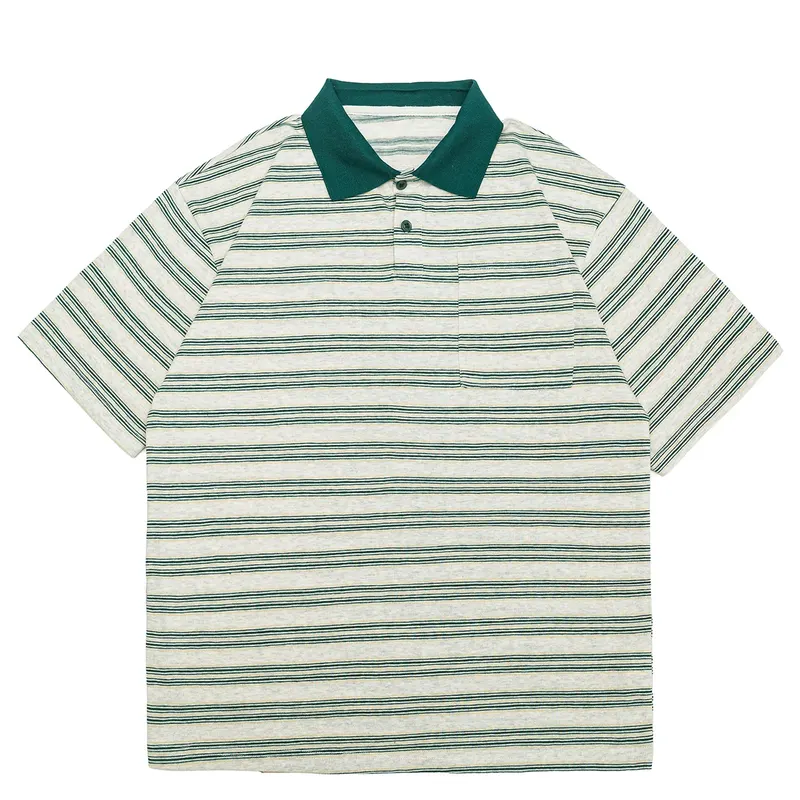 Summer Japanese Retro Amikaji Washed Striped Short Sleeved Polo Shirt for Men and Women Loose Workwear Half Sleeved Sea Soul Tee
