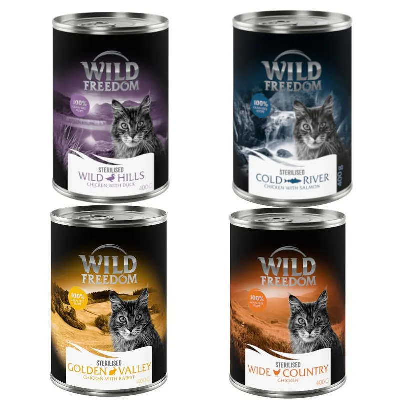 Mieszany pakiet próbny Wild Freedom Adult - Sterilised, 6 x 400 g: 2x kurczak, 2x łosoś i kurczak, 1x królik, 1x kaczka