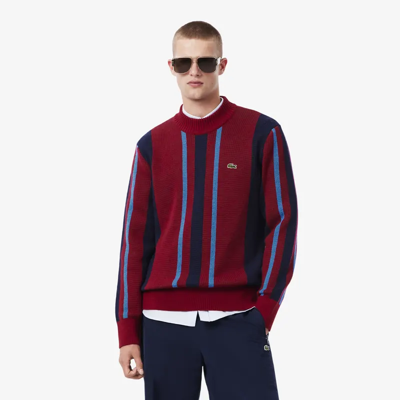 Lacoste Sweter Z Wysokim Kołnierzem W Paski Męskie Czerwony
