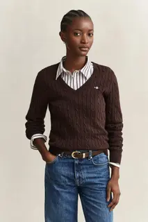 Gant Sweter Damski Z Dekoltem V Z Długim Rękawem Slim Fit Brązowy