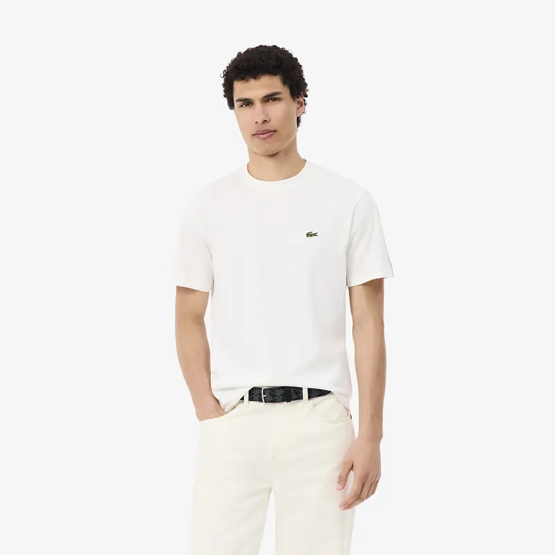 Lacoste Koszulka Z Grubej Bawełny Z Paskiem Logo Kremowa Męskie Biały
