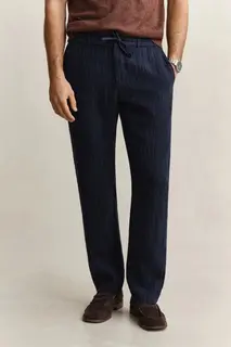 Gant Lniane Spodnie Męskie W Paski Regular Fit Granatowe