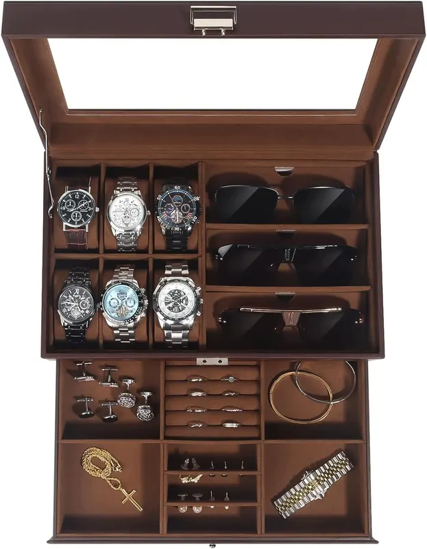 Pudełko na zegarki i biżuterię ze szklaną pokrywką 6 przegródek brązowe