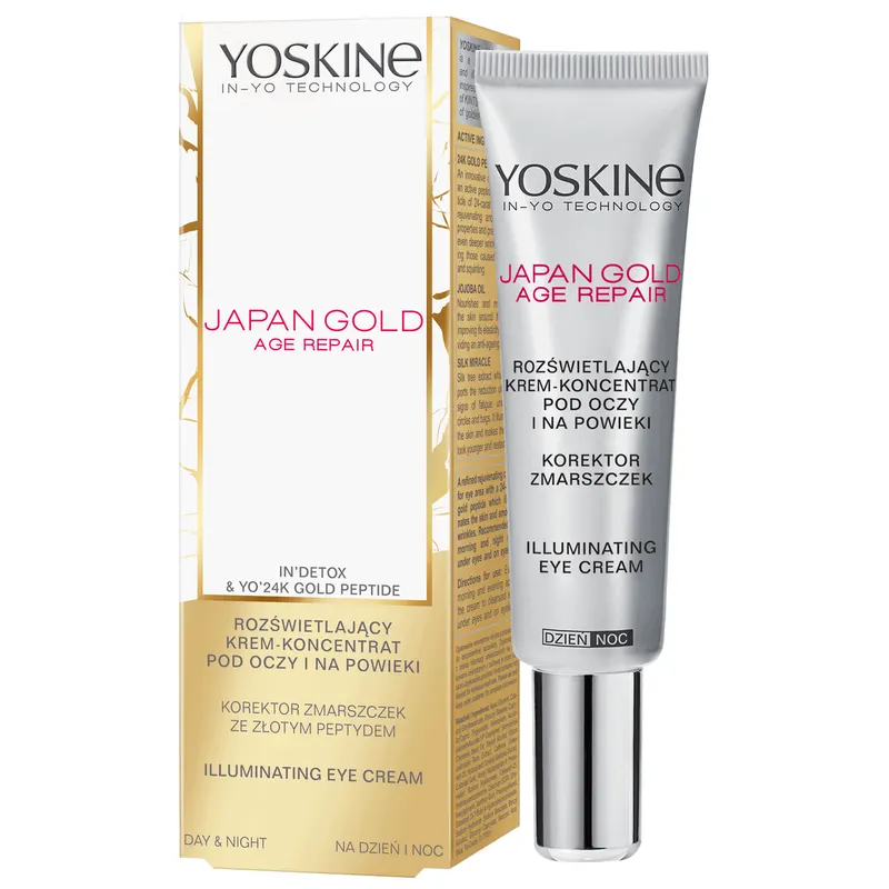 Yoskine Japan Gold rozświetlający krem pod oczy i na powieki z 24k złotem, peptydem i kofeiną 15 ml
