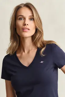 Gant Koszulka Damska Z Dekoltem V Regular Fit Granatowa
