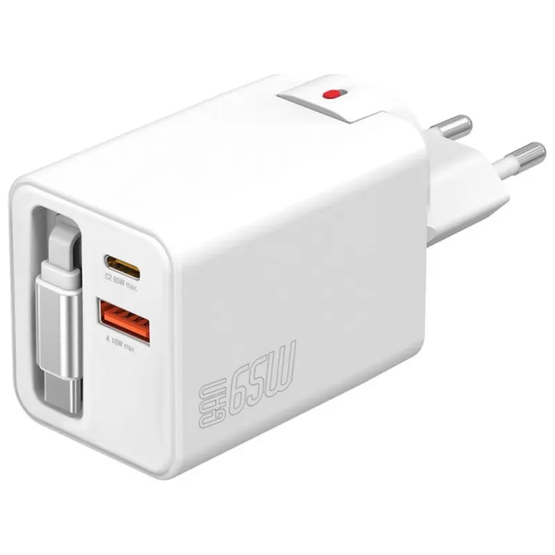 4smarts Ładowarka sieciowa Flex Jojo 65W GaN 2xUSB-C + USB-A Biała rozwijany wbudowany kabel