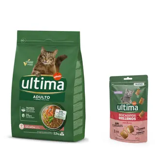 Ultima: karma sucha, 2,5 kg + Snacks nadziewane kawałeczki z wołowiną, 60 g gratis! - Adult, łosoś