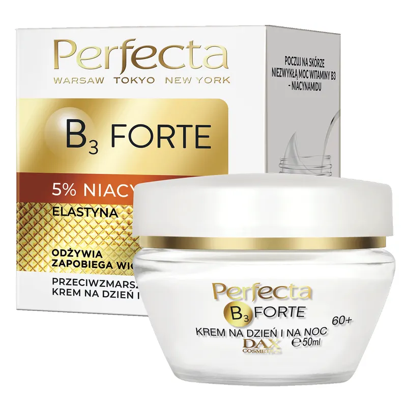 Perfecta B3 Forte przeciwzmarszczkowy krem na dzień i na noc 60+ z 5% niacynamidem, elastyną, skwalanem, kwasem hialuronowym i olejem z oliwek 50 ml