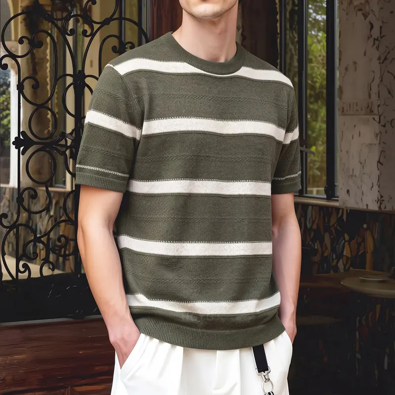New Italian Business Casual Men's Linen Ice Silk Blend Vintage Style Striped Short Sleeved Knitted T-shirt Men's Summer TEE