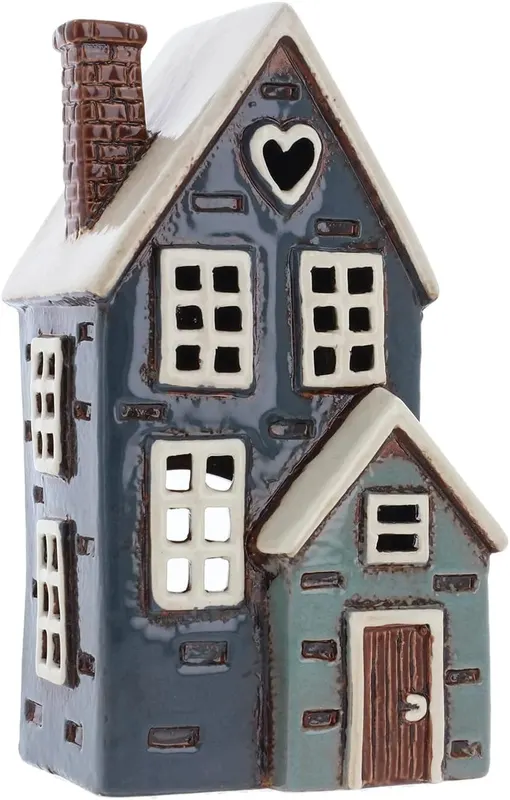 Niebieski ceramiczny domek świecznik na podgrzewacz, ręcznie malowany, 21