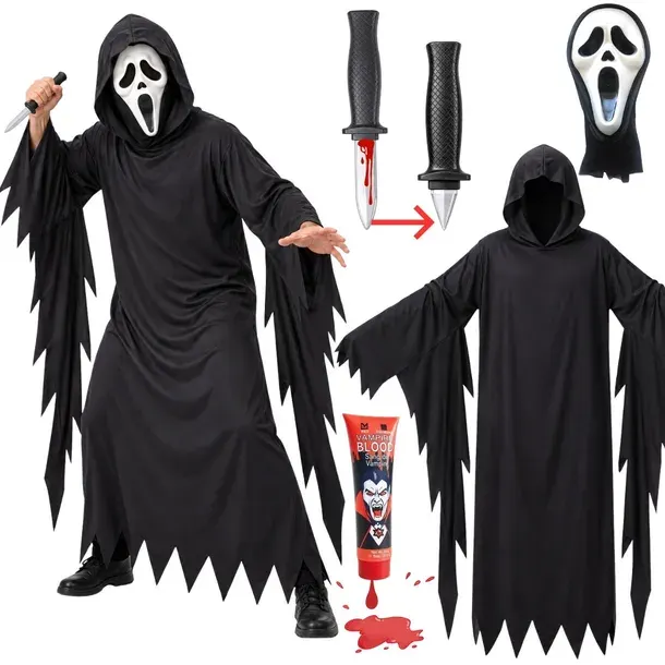 Strój KRZYK PONURY ŻNIWIARZ Halloween MASKA CHOWANY NÓŻ KREW Kostium XXL