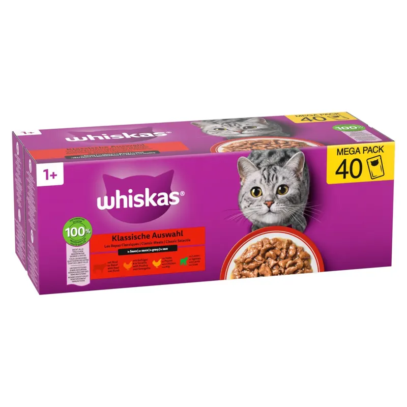 Whiskas 1+ Adult w saszetkach, 40 x 85 g - Klasyczny pakiet w sosie (4 smaki)