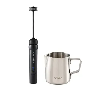 Zestaw: spieniacz do mleka CHiATO nanoPLAY oraz dzbanek na mleko SORSO Barista (150 ml) – czarny