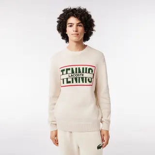 Lacoste Erkek Classic Fit Uzun Kollu Bisiklet Yaka Baskılı Beyaz Triko Męskie Biały