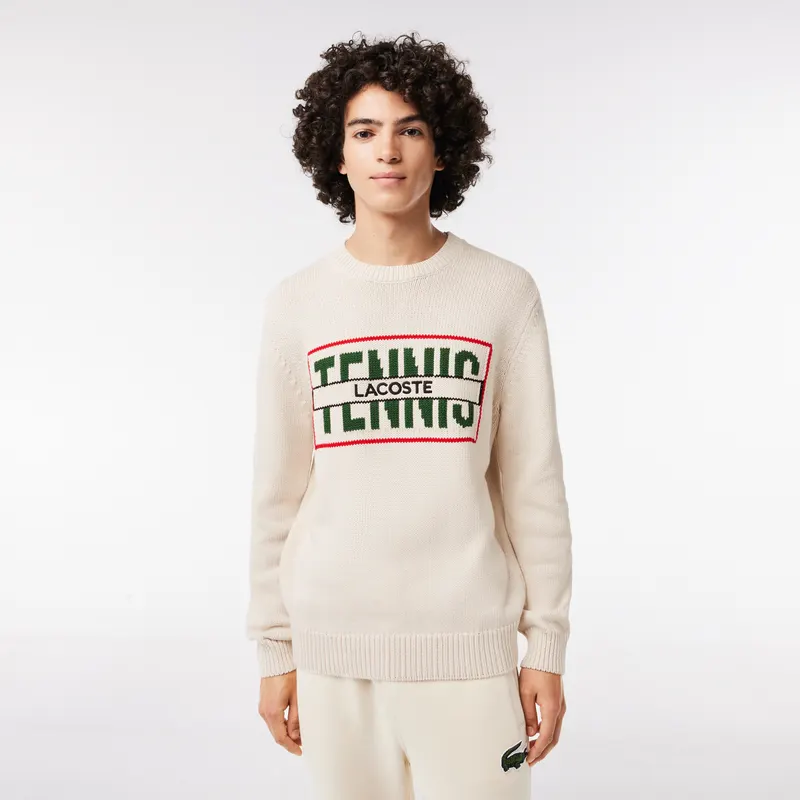 Lacoste Erkek Classic Fit Uzun Kollu Bisiklet Yaka Baskılı Beyaz Triko Męskie Biały