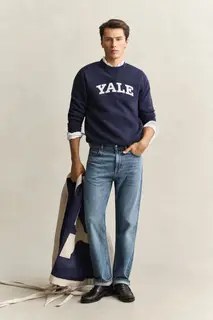 Gant Sweter Yale Męski Z Okrągłym Kołnierzykiem Granatowy