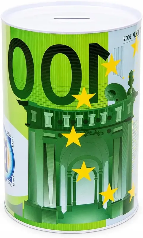SKARBONKA ŚWINKA Z MOTYWEM BANKNOTÓW 100 EURO METALOWA 22 X 15 CM