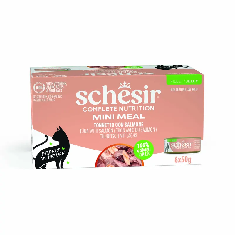 Schesir Complete Nutrition, filet w galarecie, 6 x 50 g w puszce - Tuńczyk z łososiem