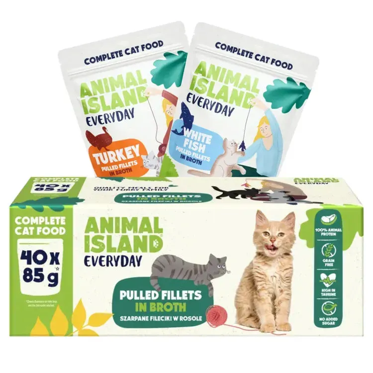 ANIMAL ISLAND Everyday Indyk i Biała ryba filety w rosole Box - mokra karma dla kota - 40 x 85g