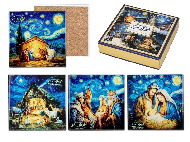 Zestaw 4 ceramicznych podkładek w stylu Van Gogha - Boże narodzenie