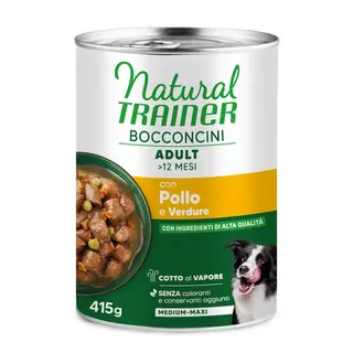 9 + 3 gratis! Natural Trainer, karma mokra, 12 x 400 g / 415 g - Bocconcini Adult Medium i Maxi Chunks, kurczak, 12 x 415 g