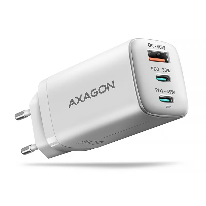 AXAGON ACU-DPQ65W Ładowarka sieciowa GaN 65W, 3x port (USB-A + dual USB-C) PD3.0/QC4+/PPS/Apple, Biała