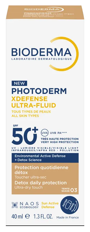 Bioderma Photoderm Xdefense Ultra-Fluid Ochronny Ultralekki Fluid Z Filtrem SPF50+ o Działaniu Detoksykującym Odcień 03 40ml