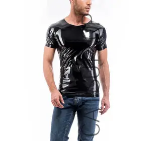 Cool men's short sleeve latex tights tops black latex t-shirt tee by 0.4mm natural latex free shipping