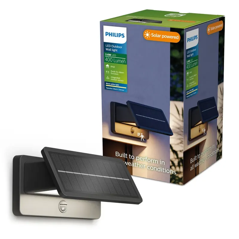 Kinkiet Solarny LED Lampa Ogrodowa Zewnętrzna TAVENLOR PHILIPS 3.6W 2700K Czujnik Ruchu i Zmierzchu IP44 Czarny Prostokątny