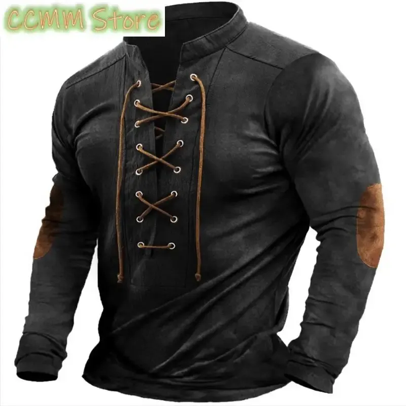 New Vintage Men Drawstring Tie-up Pullover Spring Long Sleeve Patchwork Solid Tops Fashion Men's Sweatshirts Streetwear T Shirt