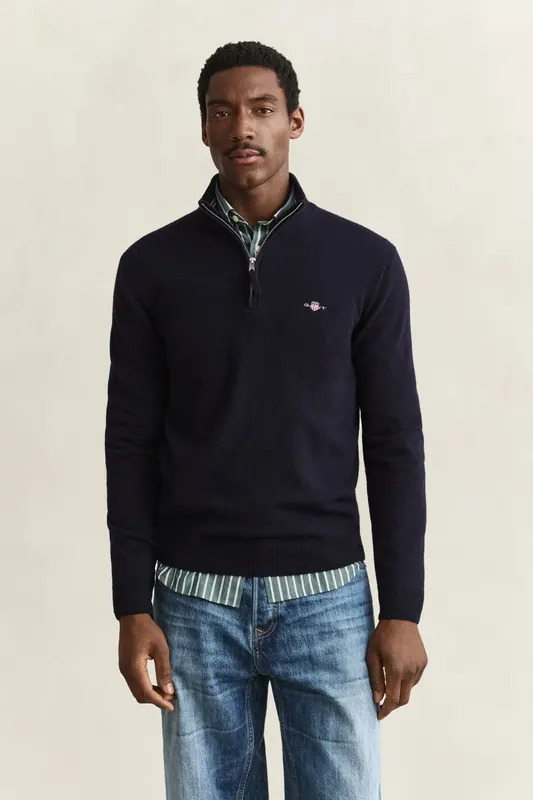 Gant Sweter Z Wełny Jagnięcej Męski Okrągły Kołnierzyk Regular Fit Granatowy