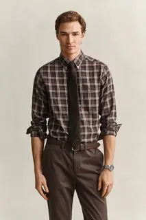 Gant Koszula Męska W Kratę Regular Fit Brązowa
