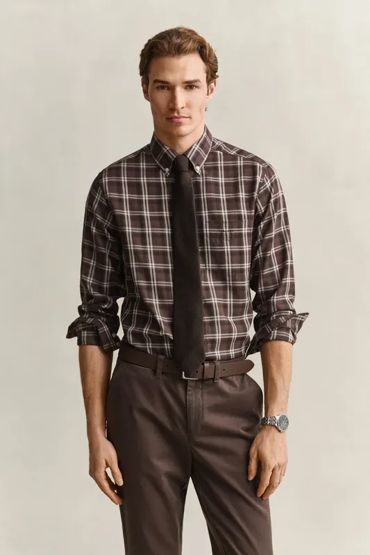 Gant Koszula Męska W Kratę Regular Fit Brązowa