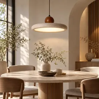 SOREVA – lampa wisząca z trawertynu i drewna w stylu Japandi